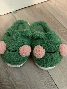 Cozy Green Fuzzy Frog Pom-Pom Women’s Slippers